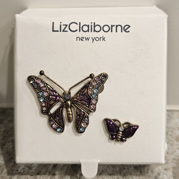 Liz Claiborne Purple Butterfly Brooches Enamel Pink Blue Rhinestones Set of 2 - Picture 1 of 5